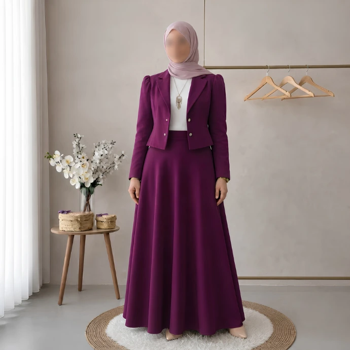 A stylish two-piece modest set in deep burgundy, featuring a blazer and skirt for a polished look.