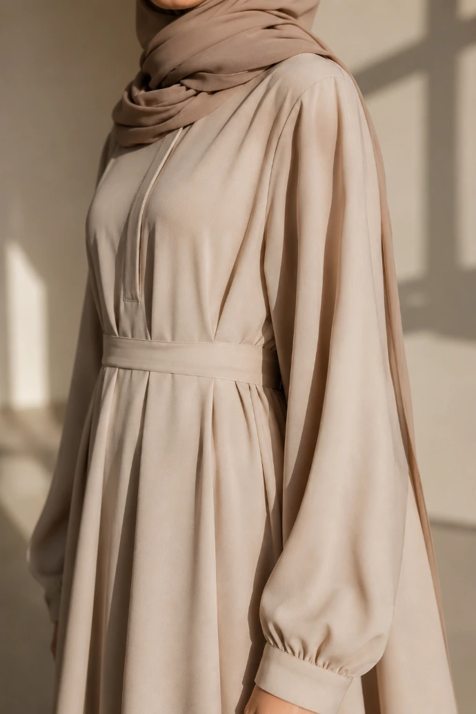 Close-up of a sophisticated beige garment, showcasing premium fabric texture and design details.